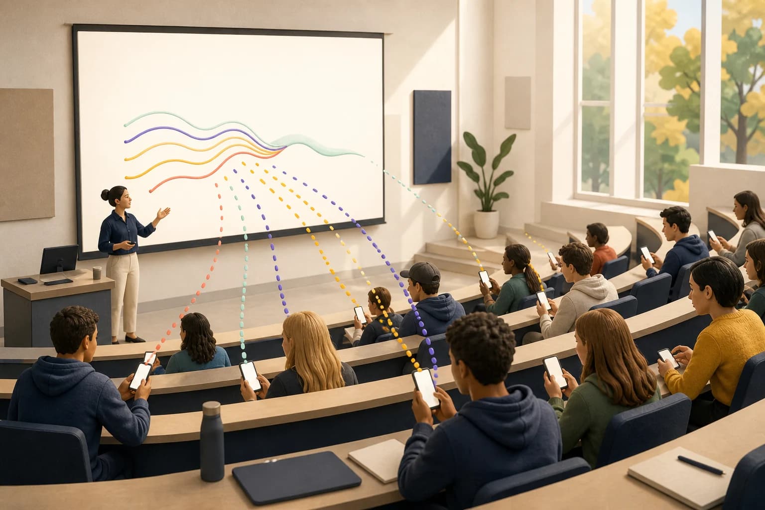 University students sending colored response signals from their phones toward a shared classroom screen